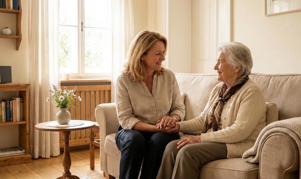 Exzellente Betreuung zu Hause – Betreuerin mit Klientin im Wohnzimmer